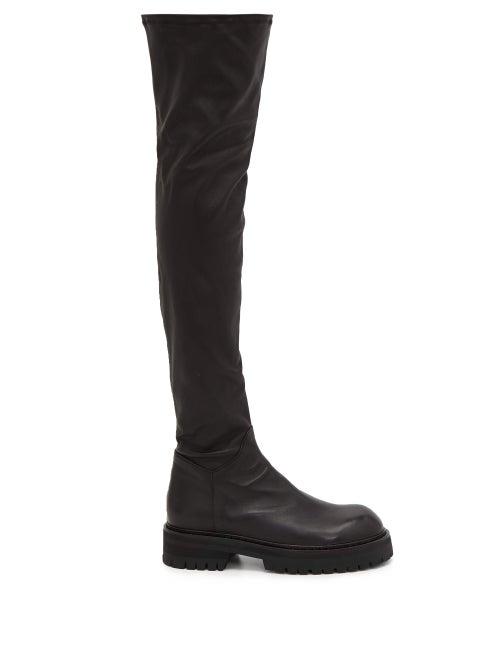 Matchesfashion.com Ann Demeulemeester - Exaggerated Sole Leather Over The Knee Boots - Womens - Black