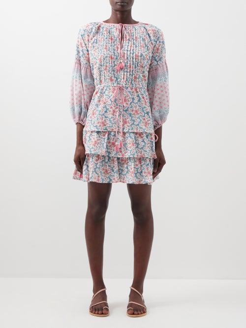 D'ascoli - Delphine Floral-print Cotton-khadi Dress - Womens - Pink Blue