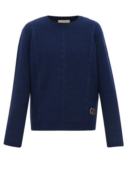 Matchesfashion.com Gucci - Logo-embroidered Cabled-wool Sweater - Mens - Blue