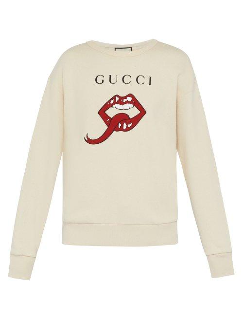 Matchesfashion.com Gucci - Lip And Logo Print Cotton Sweatshirt - Mens - White