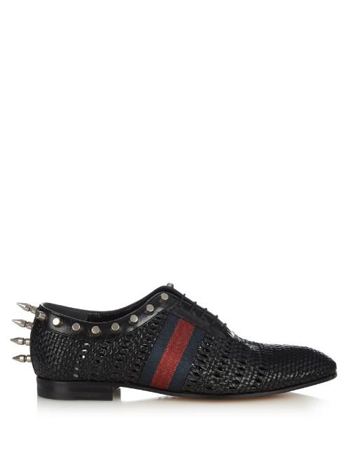 Gucci Spike-embellished Woven-leather Derby Shoes