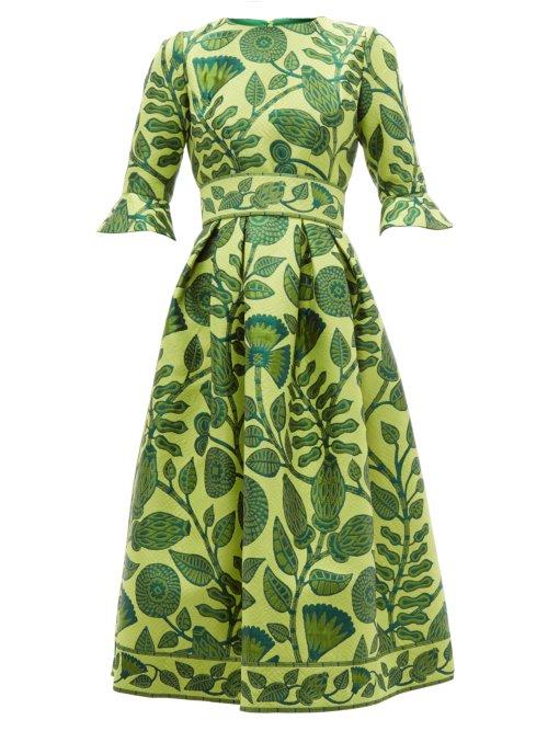 Matchesfashion.com Andrew Gn - Belted Floral Jacquard Midi Dress - Womens - Green Multi