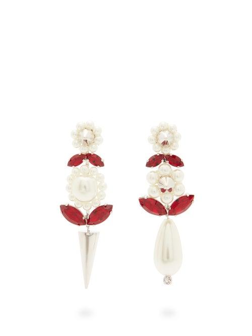 Matchesfashion.com Simone Rocha - Mismatched Faux-pearl, Crystal & Spike Earrings - Womens - Red