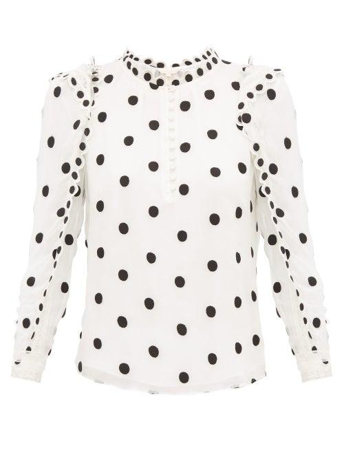 Matchesfashion.com Rebecca Taylor - Ruffled Polka Dot Embroidered Silk Blouse - Womens - Ivory Multi