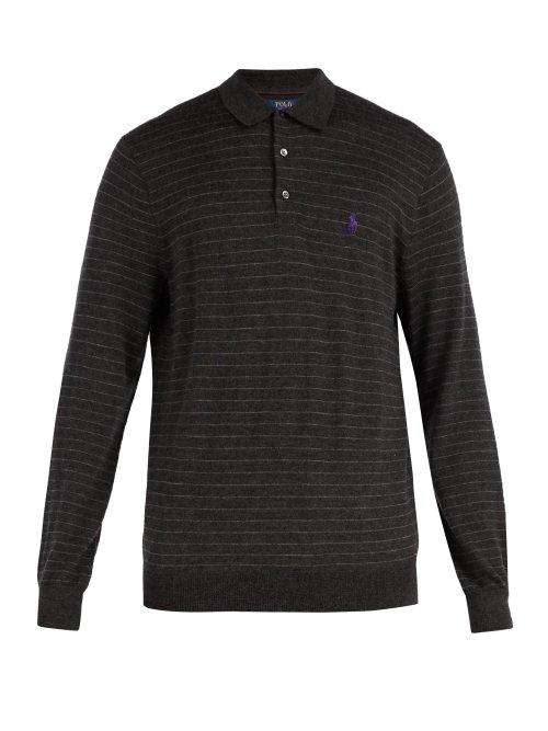 Matchesfashion.com Polo Ralph Lauren - Striped Long Sleeved Wool Polo Shirt - Mens - Grey Multi