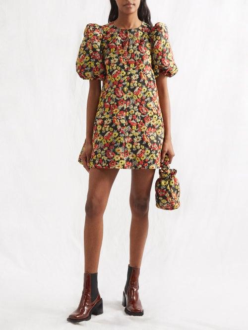 Ganni - Meadow-jacquard Puff-sleeve Mini Dress - Womens - Black Floral
