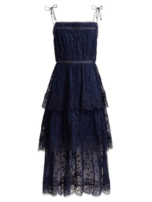 Matchesfashion.com Zimmermann - Castile Tiered Embroidered Silk Chiffon Dress - Womens - Navy
