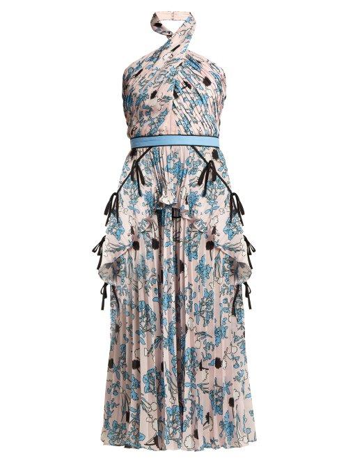 Matchesfashion.com Self-portrait - Floral Print Pleated Crepe De Chine Dress - Womens - Pink Multi