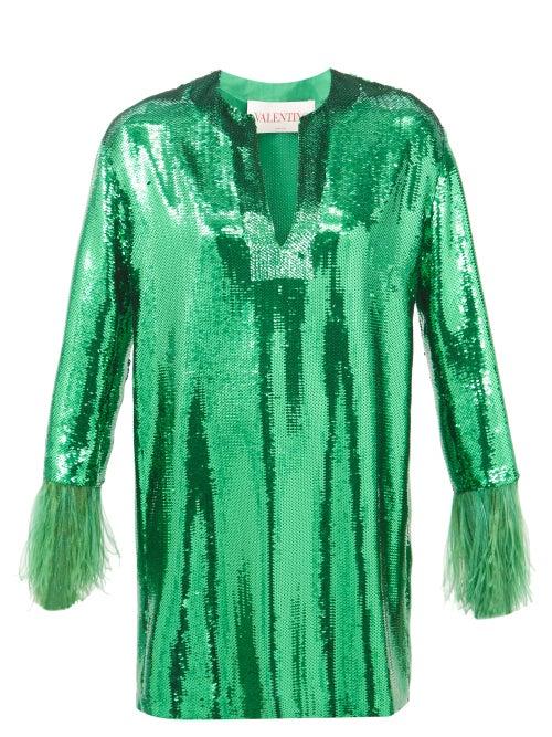 Valentino - Feather-trimmed Sequinned Silk Mini Dress - Womens - Green