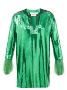 Valentino - Feather-trimmed Sequinned Silk Mini Dress - Womens - Green