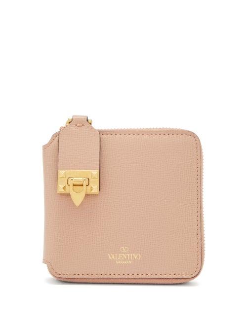 Valentino Garavani - Rockstud Ziparound Grained-leather Wallet - Womens - Light Pink