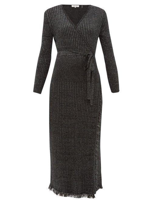 Matchesfashion.com Diane Von Furstenberg - Bobbi Ribbed Merino Wool Blend Lam Wrap Dress - Womens - Black