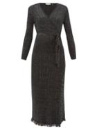 Matchesfashion.com Diane Von Furstenberg - Bobbi Ribbed Merino Wool Blend Lam Wrap Dress - Womens - Black