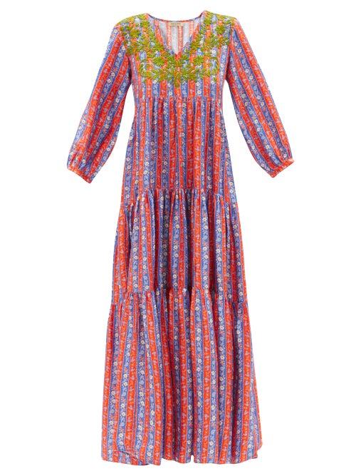 Matchesfashion.com Muzungu Sisters - Love Frangipani Hand-embroidered Silk Maxi Dress - Womens - Red Multi