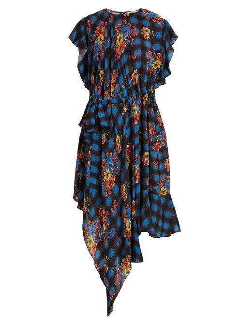 Matchesfashion.com Preen Line - Ora Floral And Check Print Woven Dress - Womens - Blue Multi