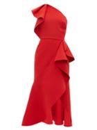 Matchesfashion.com Elie Saab - Ruffled One Shoulder Crepe Dress - Womens - Red