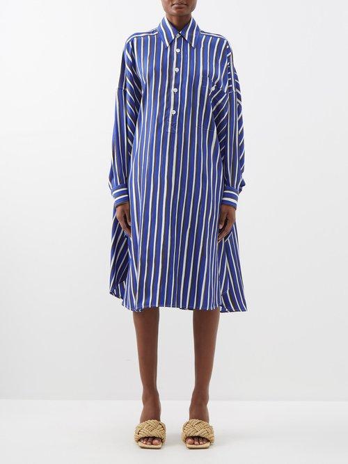 Bottega Veneta - Oversized Hand-drawn Striped Twill Shirt Dress - Womens - Blue White