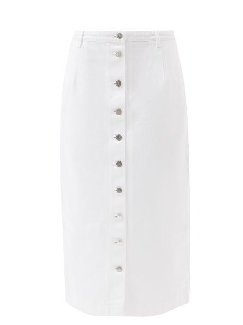Raf Simons - Logo-patch Buttoned Denim Midi Skirt - Womens - White