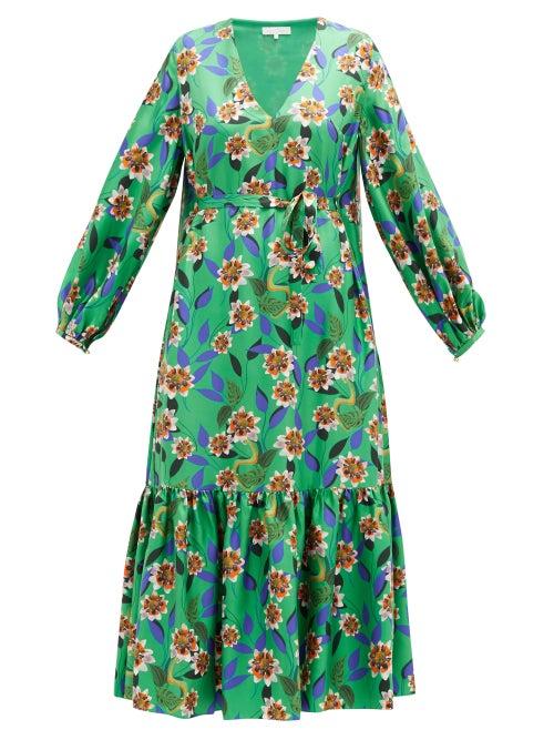 Matchesfashion.com Borgo De Nor - Marita Floral-print Silk-twill Midi Dress - Womens - Green Multi
