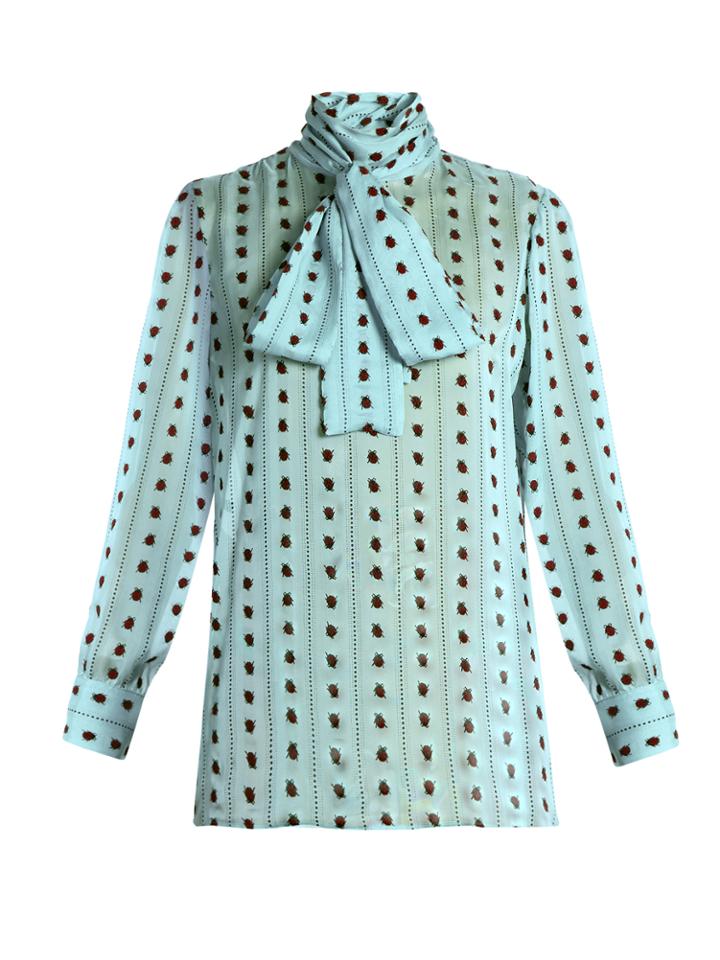 Gucci Ladybird-flocked Long-sleeved Silk Blouse