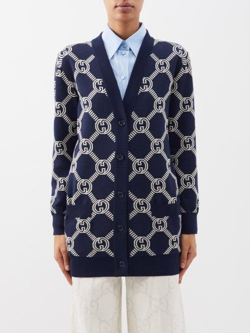 Gucci - Gg-jacquard Reversible Wool-blend Cardigan - Womens - Blue Ivory