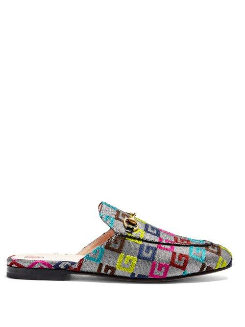 Matchesfashion.com Gucci - Princetown Logo Jacquard Backless Loafers - Womens - Silver Multi