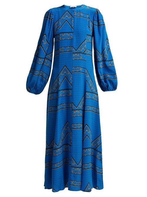 Matchesfashion.com Ganni - Cloverdale Printed Silk Dress - Womens - Blue