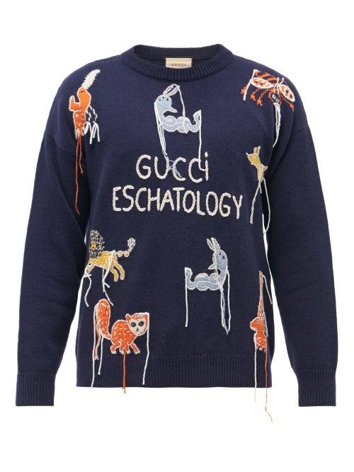 Mens Rtw Gucci - X Freya Hartas Eschatology Wool Sweater - Mens - Navy