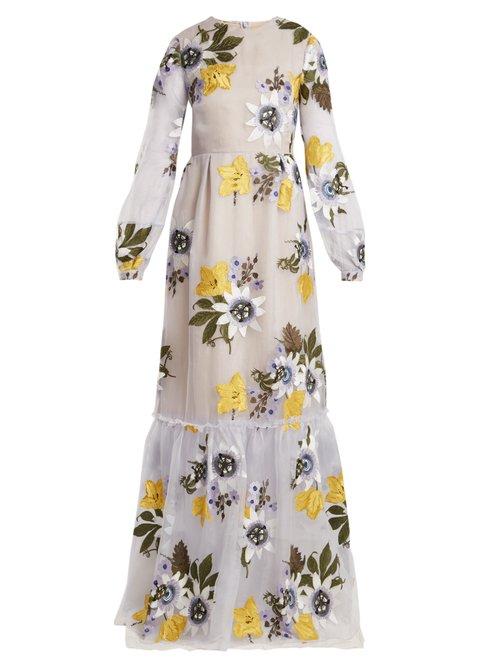 Matchesfashion.com Erdem - Ora Floral Embroidered Silk Organza Gown - Womens - Blue Multi