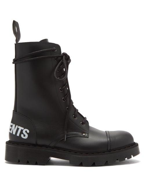 Vetements - Logo-print Lace-up Leather Boots - Womens - Black