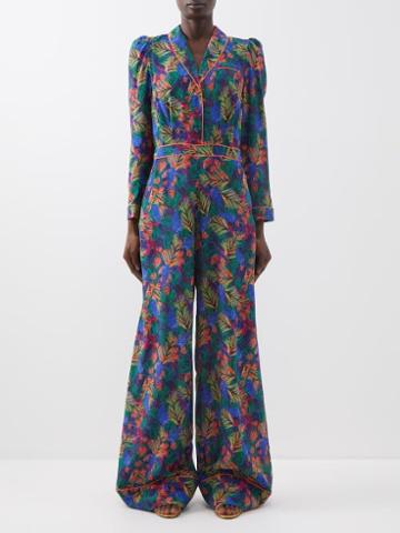 Saloni - Lulu Fern-print Silk Crepe De Chine Jumpsuit - Womens - Blue Multi