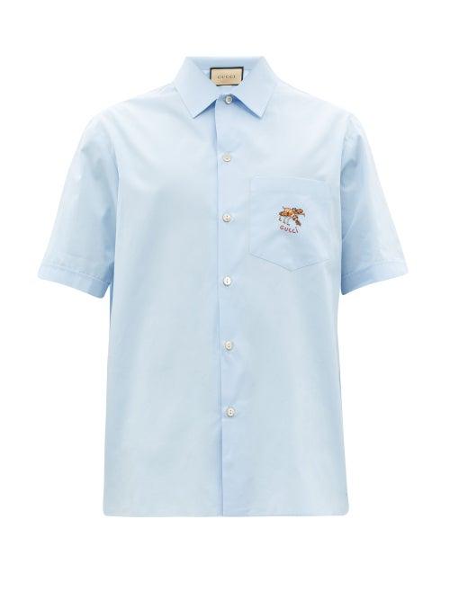 Mens Rtw Gucci - Bee-embroidered Cotton-poplin Shirt - Mens - Blue