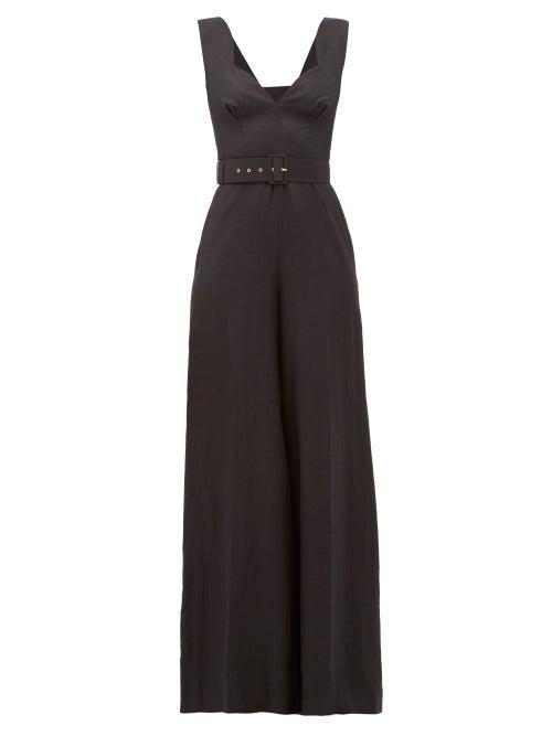 Matchesfashion.com Emilia Wickstead - Rosabel Sweetheart-neckline Linen Jumpsuit - Womens - Black