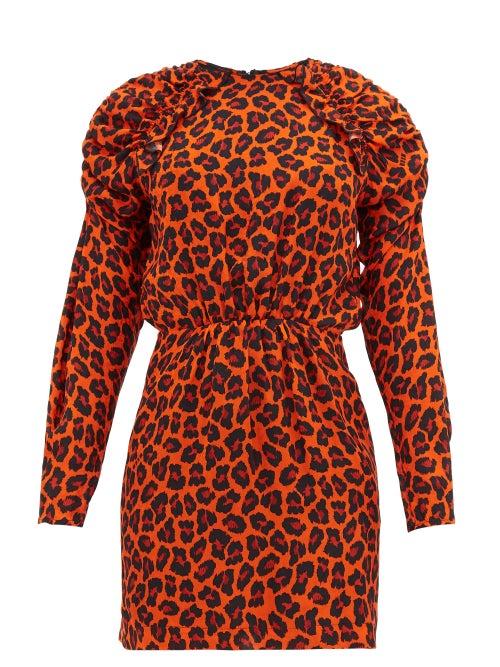 Matchesfashion.com Msgm - Ruffled Leopard Print Crepe Mini Dress - Womens - Orange