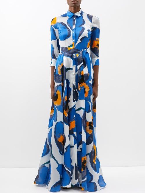 Carolina Herrera - Poppy-print Silk-chiffon Gown - Womens - Blue Multi