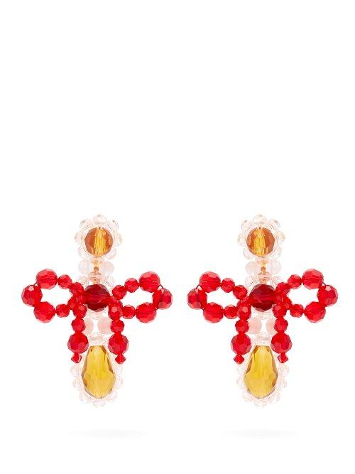 Matchesfashion.com Simone Rocha - Bow Crystal Beaded Drop Earrings - Womens - Pink Multi