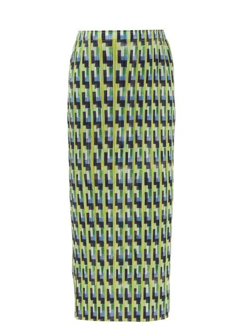 Pleats Please Issey Miyake - Geometric-print Technical-pleated Midi Skirt - Womens - Yellow