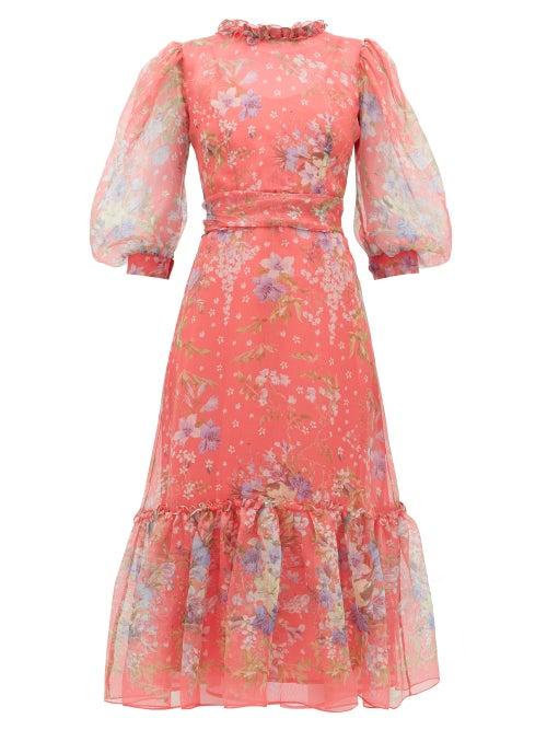 Matchesfashion.com Luisa Beccaria - Floral Print Silk Gauze Midi Dress - Womens - Pink Multi