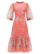 Matchesfashion.com Luisa Beccaria - Floral Print Silk Gauze Midi Dress - Womens - Pink Multi