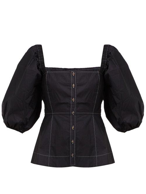 Matchesfashion.com Ganni - Square Neck Balloon Sleeve Cotton Poplin Blouse - Womens - Black