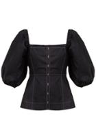 Matchesfashion.com Ganni - Square Neck Balloon Sleeve Cotton Poplin Blouse - Womens - Black