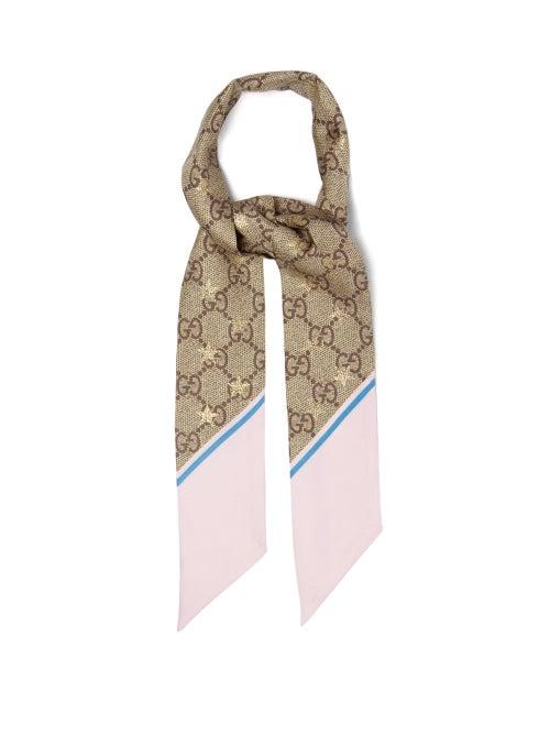 Ladies Accessories Gucci - Gg And Bee-print Slim Silk Scarf - Womens - Brown Multi