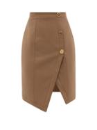 Balmain - Asymmetrical-hem Wool Midi Skirt - Womens - Light Brown