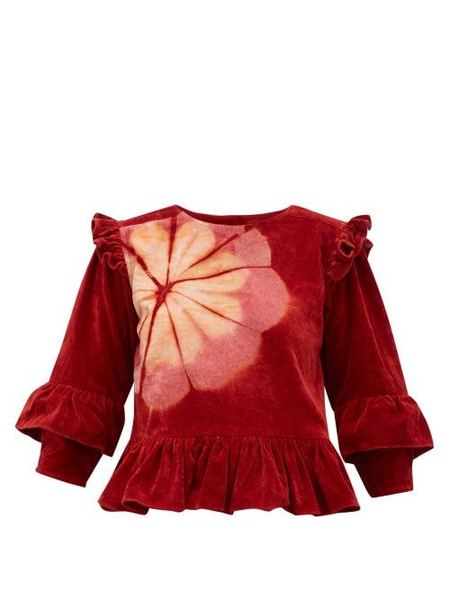 Matchesfashion.com Story Mfg - Alma Floral Tie Dye Cotton Velvet Top - Womens - Burgundy Multi