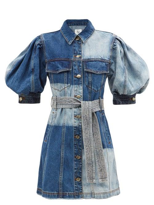 Aje - Puff-sleeved Patchwork Denim Dress - Womens - Mid Denim