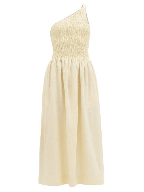 Three Graces London - Isa One-shoulder Shirred Linen Midi Dress - Womens - Light Yellow