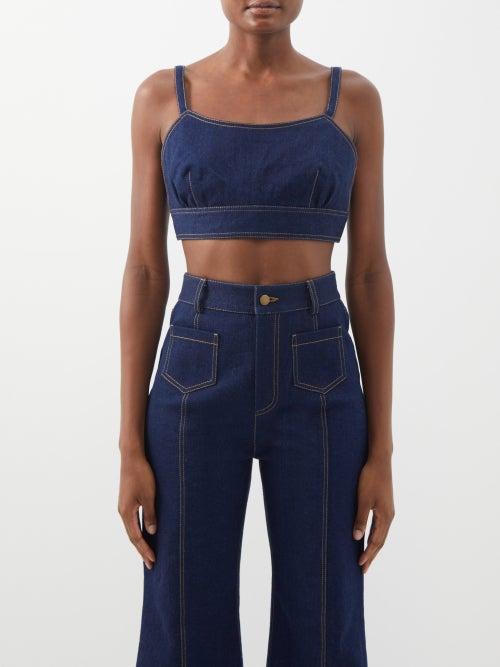 Vika 2.0 - Organic Cotton-blend Denim Crop Top - Womens - Dark Denim