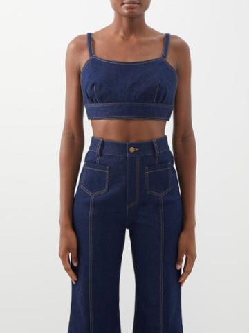 Vika 2.0 - Organic Cotton-blend Denim Crop Top - Womens - Dark Denim