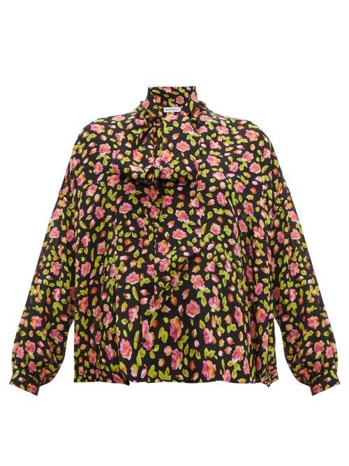 Matchesfashion.com Balenciaga - Rose Print Tie Neck Silk Blouse - Womens - Black Multi