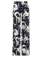 Matchesfashion.com Valentino - Mermaid-print Silk-twill Wide-leg Trousers - Womens - Navy